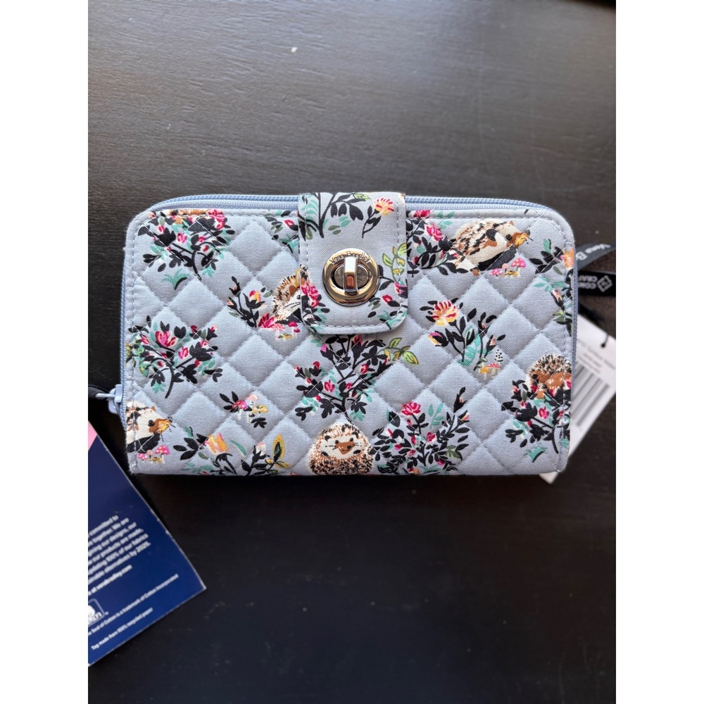Vera Bradley RFID Turnlock Wallet Women OS Hedgehog Wild Blue NWT Quilted Cotton